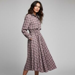 Vintage Bonnie Strauss 100% Wool Plaid Trench Midi Dress Mauve Black Size 10